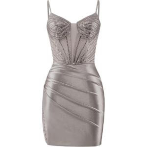 imageBeaded Homecoming Dresses for Teens Satin Mermaid Prom Dresses Short Pleated Formal DressSteel Grey