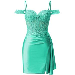 imageOff Shoulder Satin Homecoming Dresses Mermaid Lace Short Porm Dress Tight Beaded Cocktail DressAqua