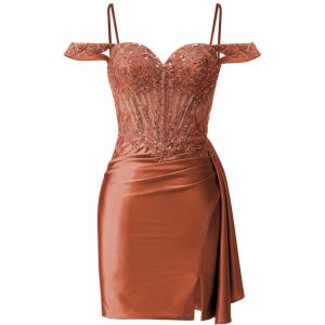 imageOff Shoulder Satin Homecoming Dresses Mermaid Lace Short Porm Dress Tight Beaded Cocktail DressBurnt Orange