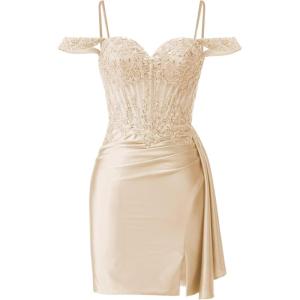 imageOff Shoulder Satin Homecoming Dresses Mermaid Lace Short Porm Dress Tight Beaded Cocktail DressChampagne