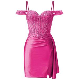 imageOff Shoulder Satin Homecoming Dresses Mermaid Lace Short Porm Dress Tight Beaded Cocktail DressFuchsia