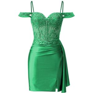 imageOff Shoulder Satin Homecoming Dresses Mermaid Lace Short Porm Dress Tight Beaded Cocktail DressGreen
