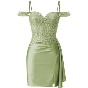 imageOff Shoulder Satin Homecoming Dresses Mermaid Lace Short Porm Dress Tight Beaded Cocktail DressOlive