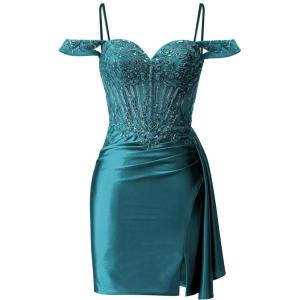 imageOff Shoulder Satin Homecoming Dresses Mermaid Lace Short Porm Dress Tight Beaded Cocktail DressPeacock