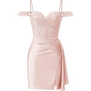 imageOff Shoulder Satin Homecoming Dresses Mermaid Lace Short Porm Dress Tight Beaded Cocktail DressPink