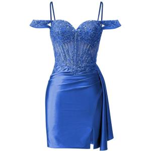 imageOff Shoulder Satin Homecoming Dresses Mermaid Lace Short Porm Dress Tight Beaded Cocktail DressRoyal Blue