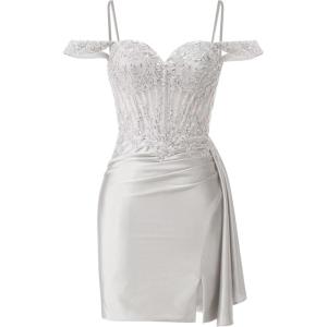 imageOff Shoulder Satin Homecoming Dresses Mermaid Lace Short Porm Dress Tight Beaded Cocktail DressSilver