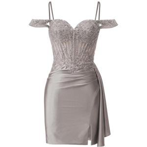 imageOff Shoulder Satin Homecoming Dresses Mermaid Lace Short Porm Dress Tight Beaded Cocktail DressSteel Gray