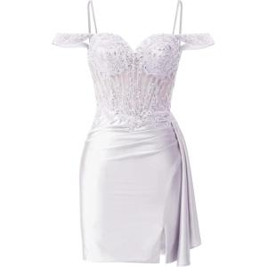 imageOff Shoulder Satin Homecoming Dresses Mermaid Lace Short Porm Dress Tight Beaded Cocktail DressWhite