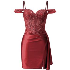 imageOff Shoulder Satin Homecoming Dresses Mermaid Lace Short Porm Dress Tight Beaded Cocktail DressWine Red