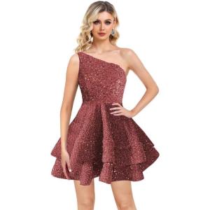 imageOne Shoulder Sequin Homecoming Dresses Short Layered Sparkly Prom Dress for Teens 2023 A Line Evening Party GownsBurgundy