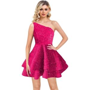 imageOne Shoulder Sequin Homecoming Dresses Short Layered Sparkly Prom Dress for Teens 2023 A Line Evening Party GownsHot Pink