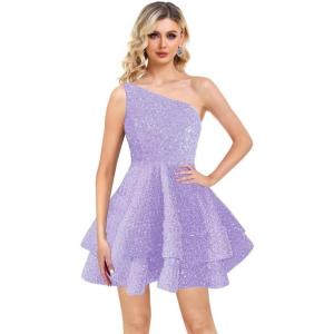 imageOne Shoulder Sequin Homecoming Dresses Short Layered Sparkly Prom Dress for Teens 2023 A Line Evening Party GownsLavender