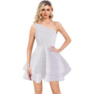 imageOne Shoulder Sequin Homecoming Dresses Short Layered Sparkly Prom Dress for Teens 2023 A Line Evening Party GownsWhite