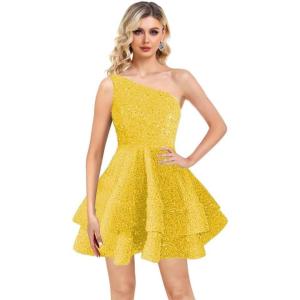 imageOne Shoulder Sequin Homecoming Dresses Short Layered Sparkly Prom Dress for Teens 2023 A Line Evening Party GownsYellow