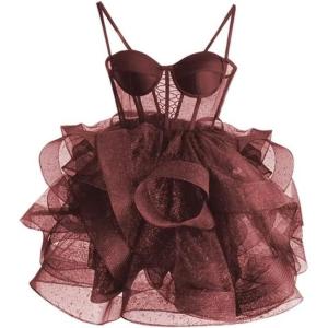 imageOrganza Tulle Homecoming Dresses Spaghetti Straps Layered Short Prom Dress Sweetheart Cocktail GownBurgundy