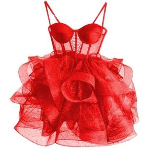 imageOrganza Tulle Homecoming Dresses Spaghetti Straps Layered Short Prom Dress Sweetheart Cocktail GownRed