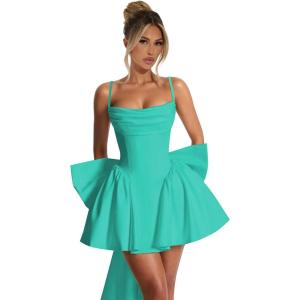 imageSatin Homecoming Dresses for Teens with Bow Cowl Neck Corset Cocktail Party Gown Aline Ball GownsAqua