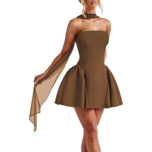 imageSatin Homecoming Dresses for Teens with Scarf Strapless Prom Dresses Short Halter Mini Cocktail DressBrown