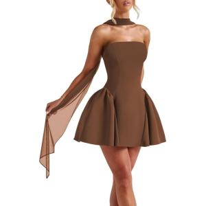 imageSatin Homecoming Dresses for Teens with Scarf Strapless Prom Dresses Short Halter Mini Cocktail DressBurnt Orange
