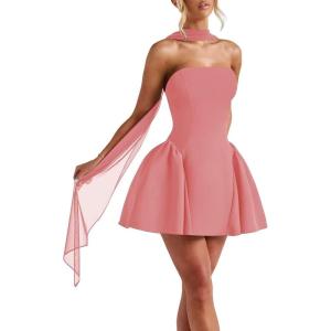 imageSatin Homecoming Dresses for Teens with Scarf Strapless Prom Dresses Short Halter Mini Cocktail DressCoral