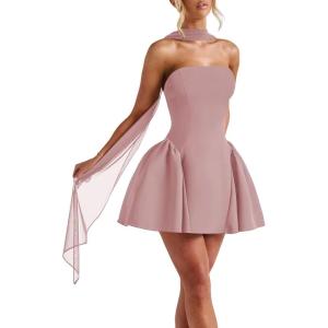 imageSatin Homecoming Dresses for Teens with Scarf Strapless Prom Dresses Short Halter Mini Cocktail DressDusty Rose