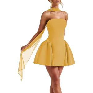 imageSatin Homecoming Dresses for Teens with Scarf Strapless Prom Dresses Short Halter Mini Cocktail DressGold