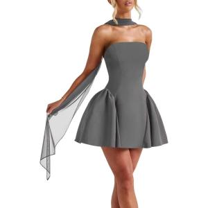 imageSatin Homecoming Dresses for Teens with Scarf Strapless Prom Dresses Short Halter Mini Cocktail DressGray