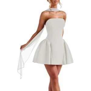 imageSatin Homecoming Dresses for Teens with Scarf Strapless Prom Dresses Short Halter Mini Cocktail DressLime Green