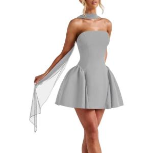 imageSatin Homecoming Dresses for Teens with Scarf Strapless Prom Dresses Short Halter Mini Cocktail DressSilver