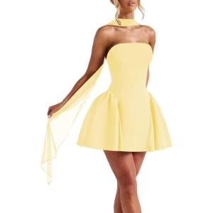 imageSatin Homecoming Dresses for Teens with Scarf Strapless Prom Dresses Short Halter Mini Cocktail DressYellow