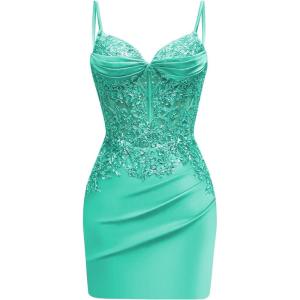 imageSatin Mermaid Homecoming Dresses for Teens Beaded Prom Dress Short Formal Party DressAqua