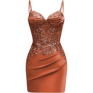 imageSatin Mermaid Homecoming Dresses for Teens Beaded Prom Dress Short Formal Party DressBurnt Orange