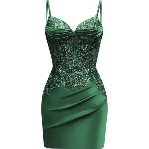 imageSatin Mermaid Homecoming Dresses for Teens Beaded Prom Dress Short Formal Party DressEmerald Green