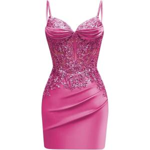imageSatin Mermaid Homecoming Dresses for Teens Beaded Prom Dress Short Formal Party DressFuchsia