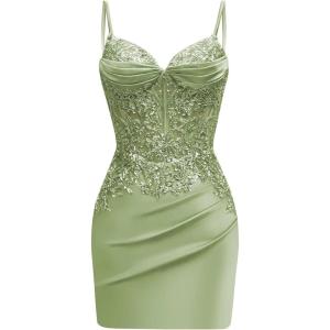 imageSatin Mermaid Homecoming Dresses for Teens Beaded Prom Dress Short Formal Party DressOlive Green