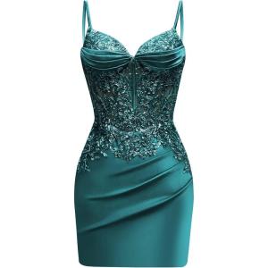 imageSatin Mermaid Homecoming Dresses for Teens Beaded Prom Dress Short Formal Party DressPeacock