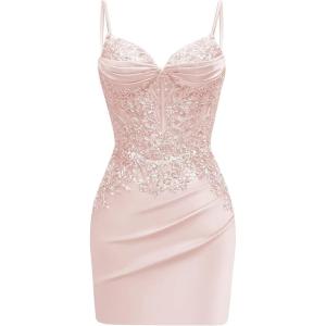 imageSatin Mermaid Homecoming Dresses for Teens Beaded Prom Dress Short Formal Party DressPink