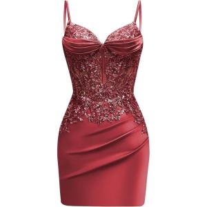 imageSatin Mermaid Homecoming Dresses for Teens Beaded Prom Dress Short Formal Party DressWine Red