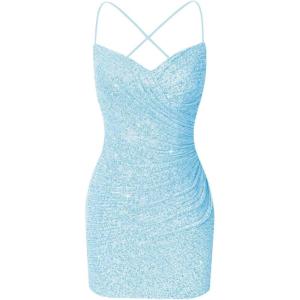 imageSequin Tight Homecoming Dresses Short Spaghetti Straps Mermaid Prom Dress for Teens Cocktail Sparkly Mini DressSky Blue