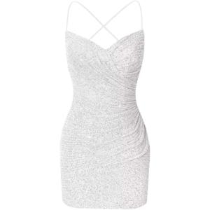 imageSequin Tight Homecoming Dresses Short Spaghetti Straps Mermaid Prom Dress for Teens Cocktail Sparkly Mini DressWhite