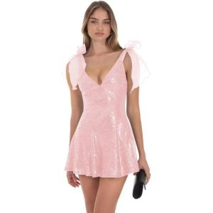 imageSpaghetti Straps Sequins Homecoming Dresses 2025 V Neck Club Party Dress Sexy Bodycon Mini Dress with BowPink