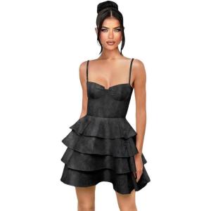 imageTiered Satin Homecoming Dresses 2025 Embroidery Short Prom Dress Spaghetti Strap Party DressBlack