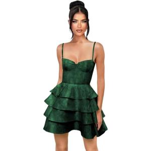 imageTiered Satin Homecoming Dresses 2025 Embroidery Short Prom Dress Spaghetti Strap Party DressEmerald Green
