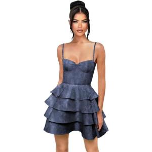 imageTiered Satin Homecoming Dresses 2025 Embroidery Short Prom Dress Spaghetti Strap Party DressNavy Blue
