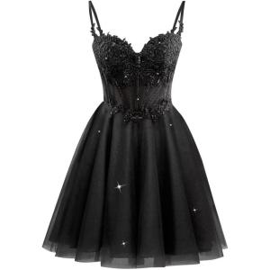 imageTulle Homecoming Dresses 2025 Spaghetti Straps Short Prom Dresses Lace Applique Beaded Formal Cocktail GownsBlack