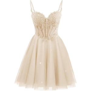 imageTulle Homecoming Dresses 2025 Spaghetti Straps Short Prom Dresses Lace Applique Beaded Formal Cocktail GownsChampagne