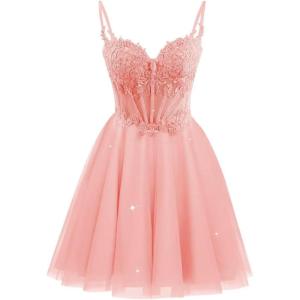 imageTulle Homecoming Dresses 2025 Spaghetti Straps Short Prom Dresses Lace Applique Beaded Formal Cocktail GownsCoral