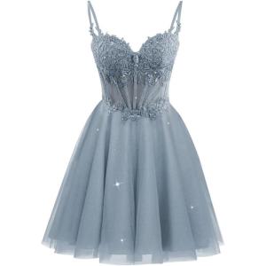 imageTulle Homecoming Dresses 2025 Spaghetti Straps Short Prom Dresses Lace Applique Beaded Formal Cocktail GownsDusty Blue