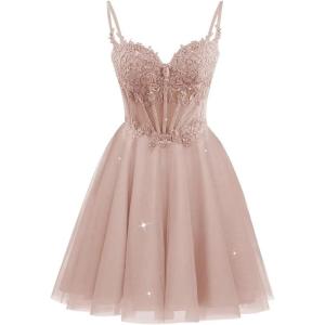 imageTulle Homecoming Dresses 2025 Spaghetti Straps Short Prom Dresses Lace Applique Beaded Formal Cocktail GownsDusty Rose